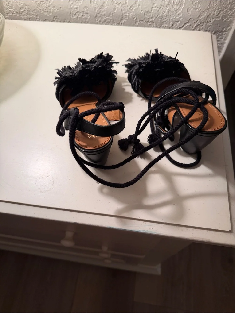 Tory Burch Black Fringe Lace-Up Block Heel Sandals